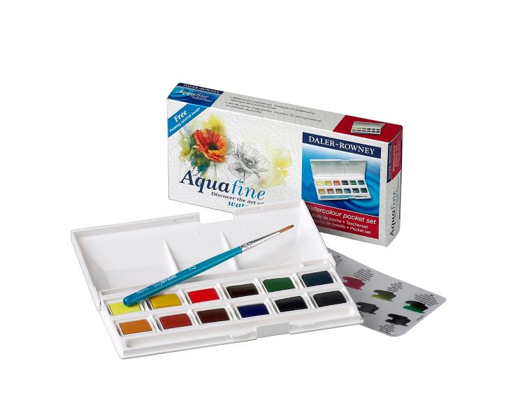 D&R AQUAFINE akvarelový set v plastovom obale, 12 half pan + 1 štetec