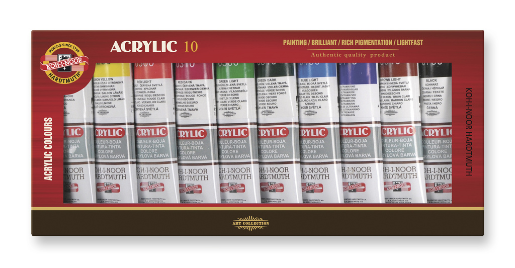 Akrylové farby KOH-I-NOOR 10x40 ml, papierová krabica - sada