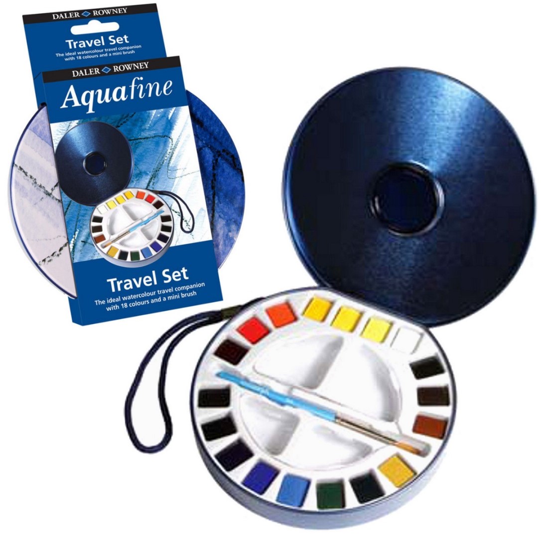 D&R AQUAFINE akvarelový cestovný set v plastovom obale, 18 half pan, 1xštetec, 2xpaleta