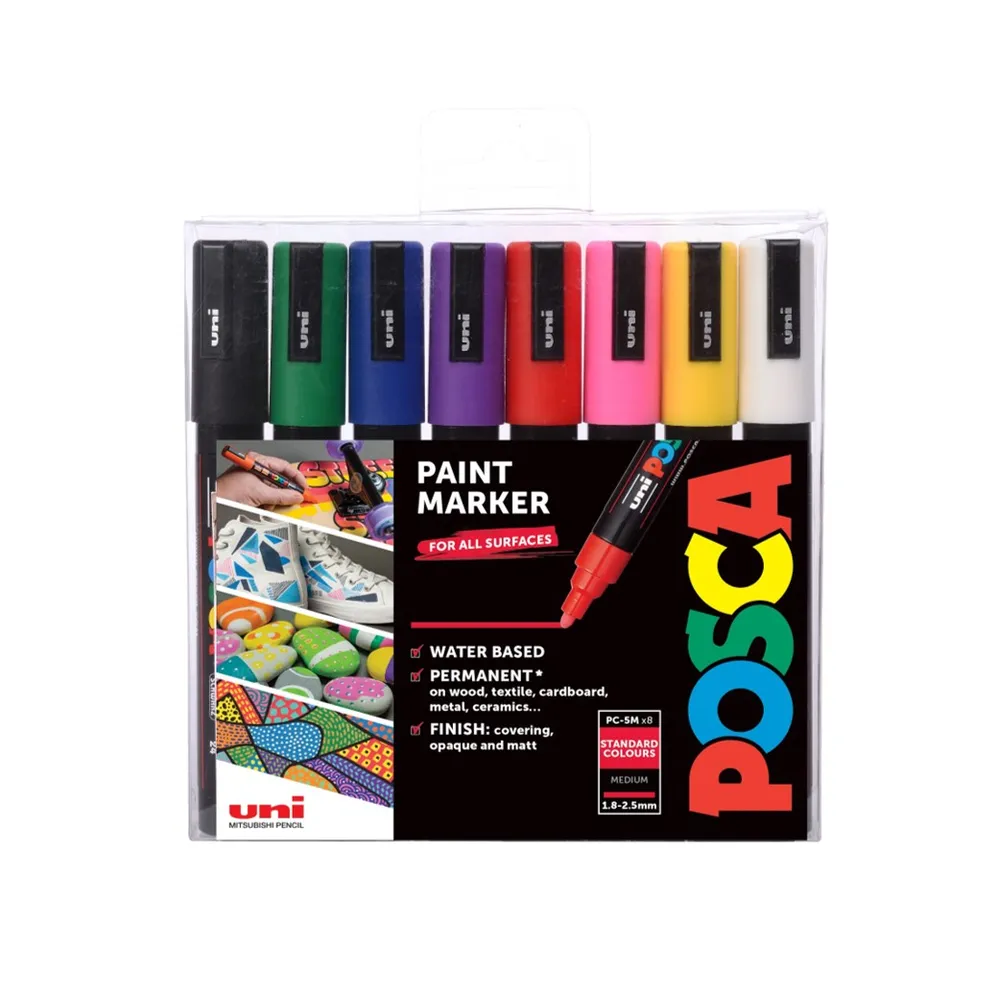 Sada Akrylových fixiek POSCA PC-5M, šírka stopy 1,8-2,5mm, 8 základných farieb