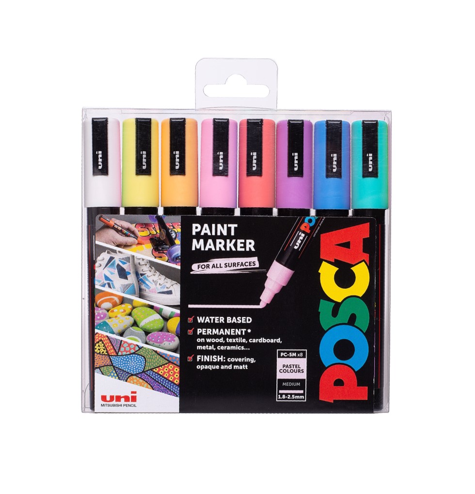 Sada Akrylových fixiek POSCA PC-5M, šírka stopy 1,8-2,5mm, 8 pastelových farieb