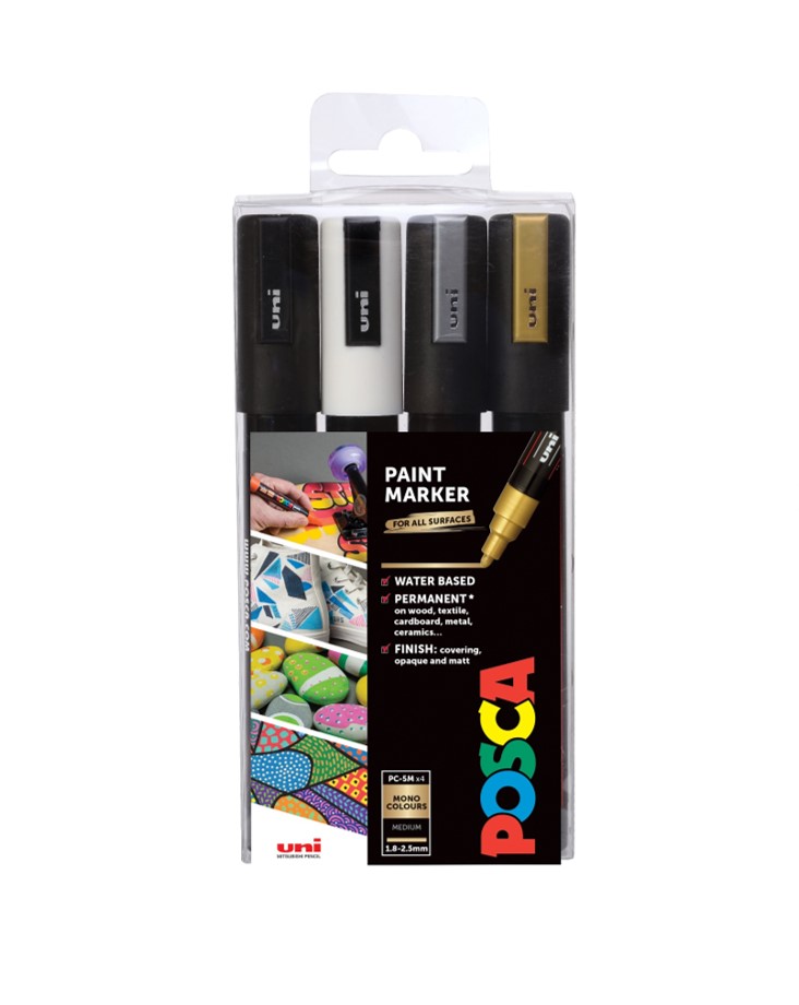 Sada Akrylových fixiek POSCA PC-5M, šírka stopy 1,8-2,5mm, 4 farby
