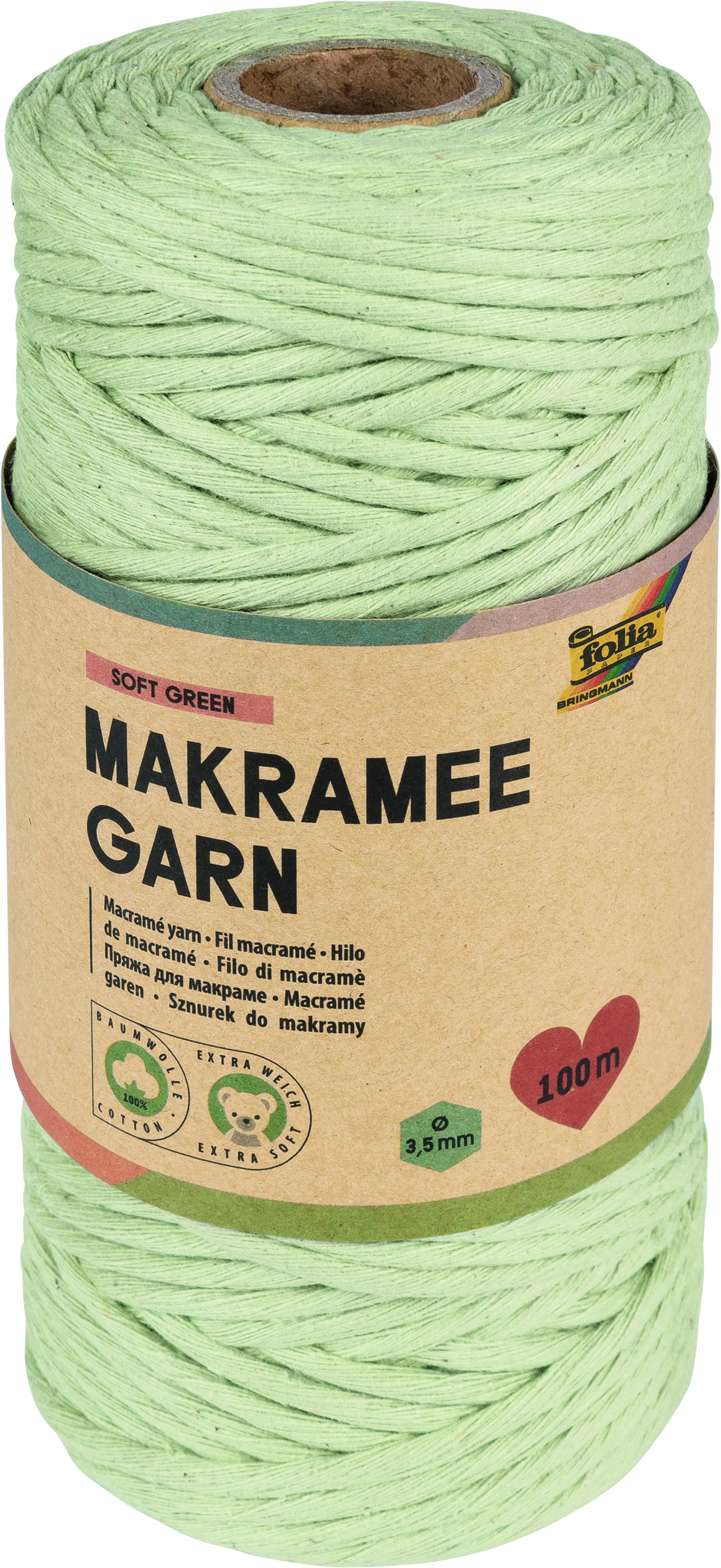 Macramé - priadza - SOFT GREEN - zelená, hr. 3,5mm, dĺžka 100m