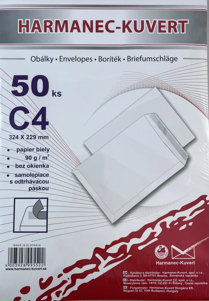 Obálka poštová C4, biela, samolepiaca, 229x324mm, 50ks