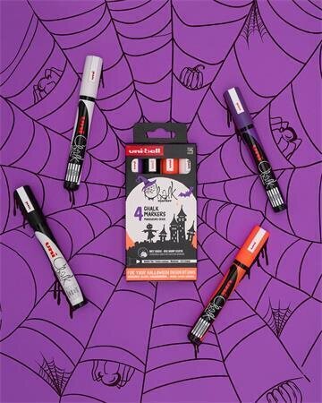 Sada Kriedových stierateľných fixiek na okno - UNI Halloween, PC-5M, šírka stopy 1,8-2,5mm, 4 farby